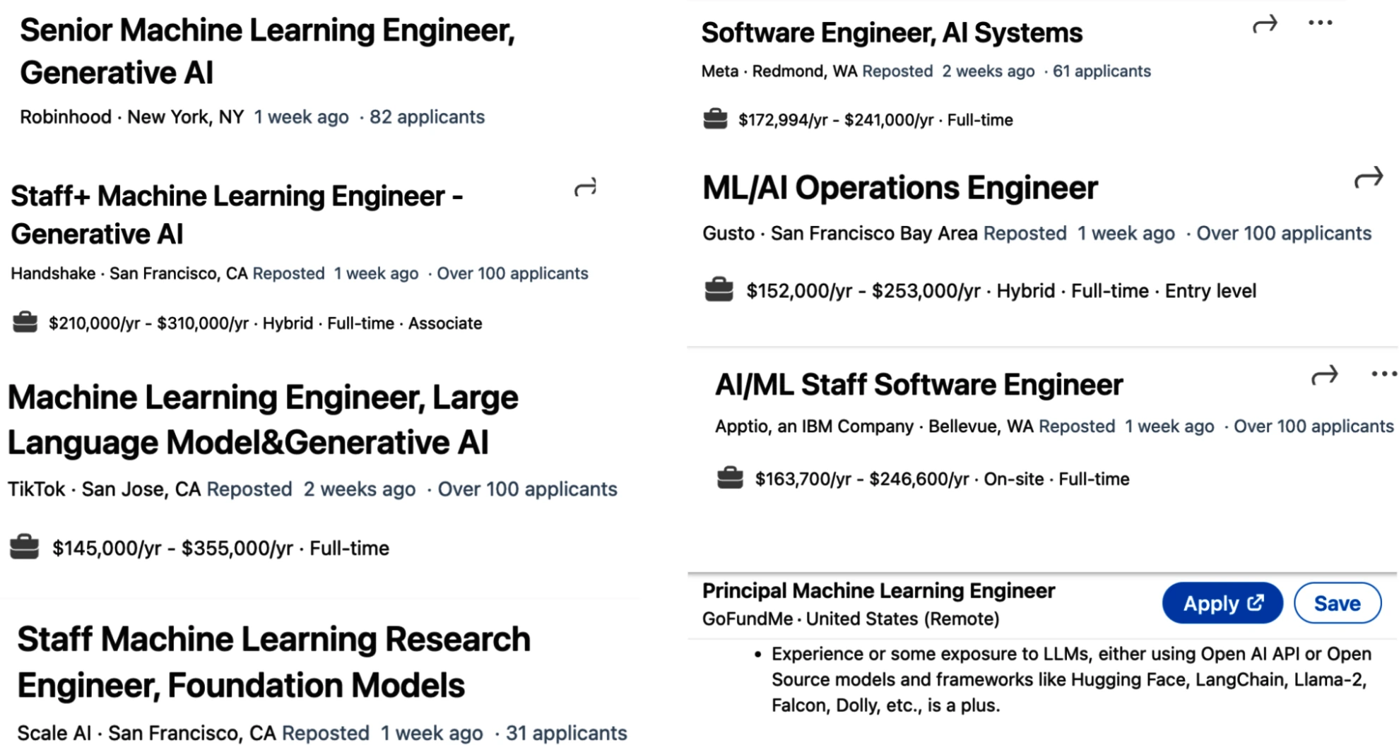 LinkedIn 中把 AI 工程与 ML 工程放在同一职位体系的招聘标题